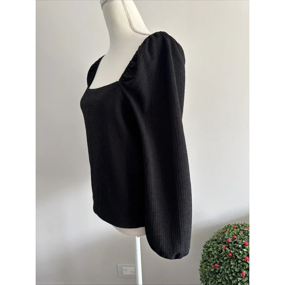 Madewell Sz S Crepe Square Neck Puff Sleeve Top Black Polyester Off Shoulder